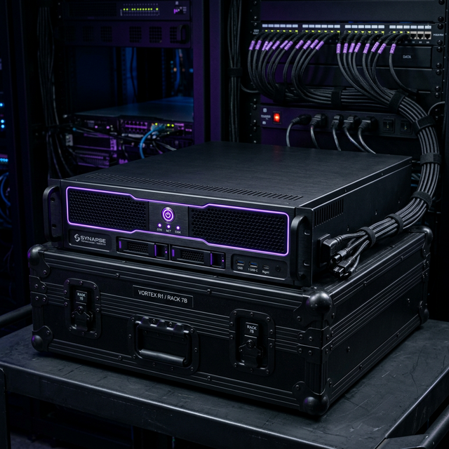 Rhythm PULSE media server on a flight case